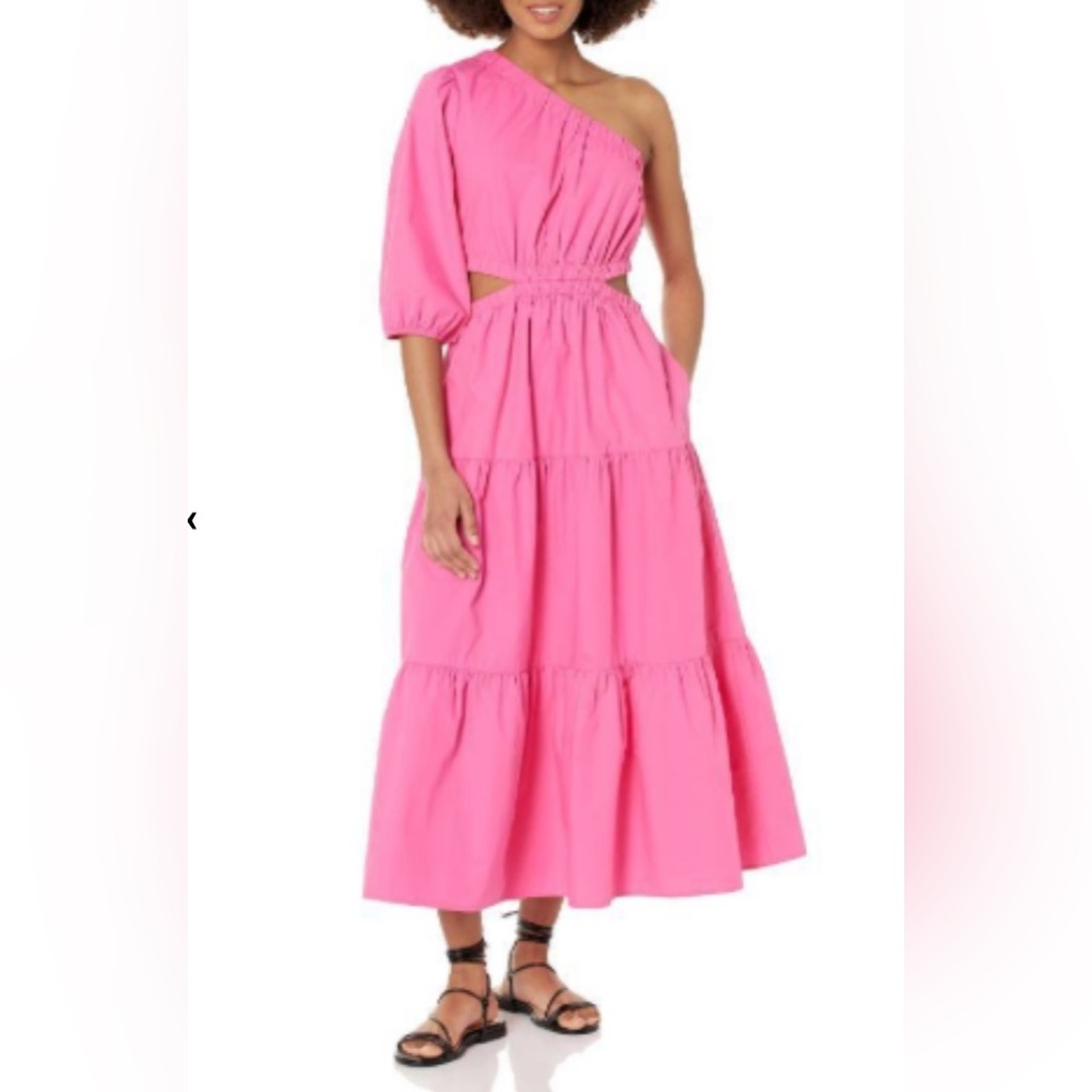 The Drop Women's April One Shoulder Cut-Out Tiered Midi Dress, Rose Pink, NWT